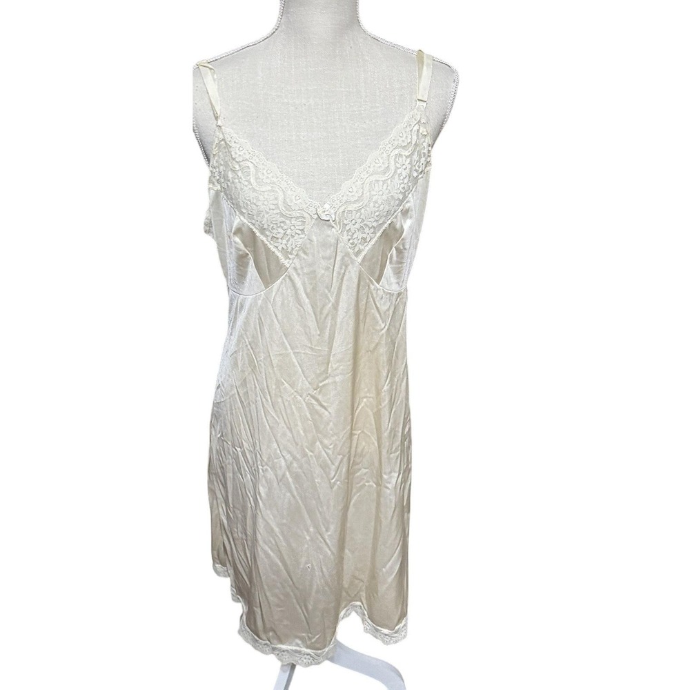 Vintage 80s Lace Trim Satin Slip Dress Cream Lingerie Nightgown Coquette XL